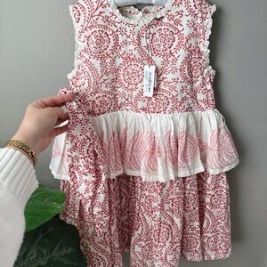 Pink Chicken White and Red Printed Cotton Ruffle Dress
